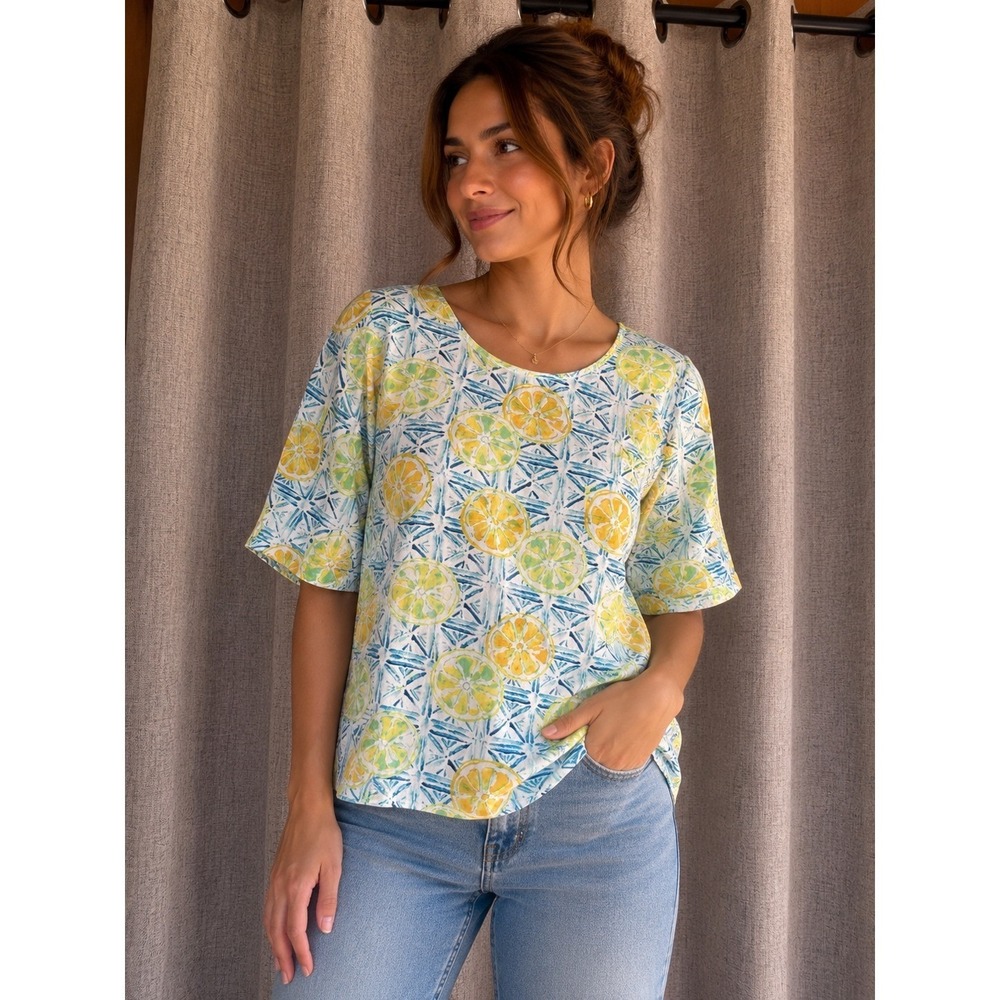 Lands End Womens 1X Short Sleeve Lemon Lime Citrus Print Tile T-Shirt Yellow